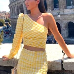 Zara Gingham One Shoulder Yellow Plaid Crop Top